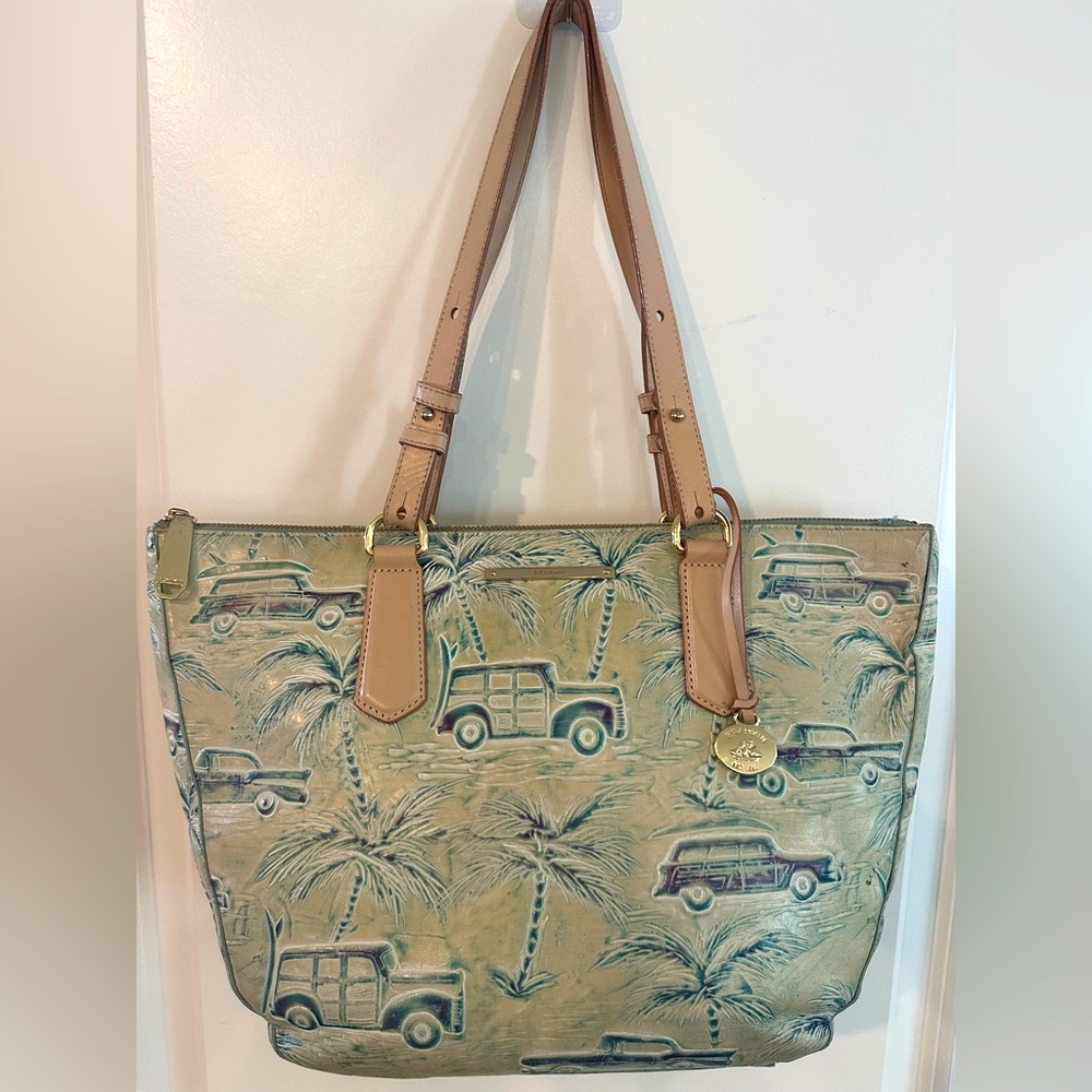 Rare Brahmin Beige Palm Tree Print Leather Tote